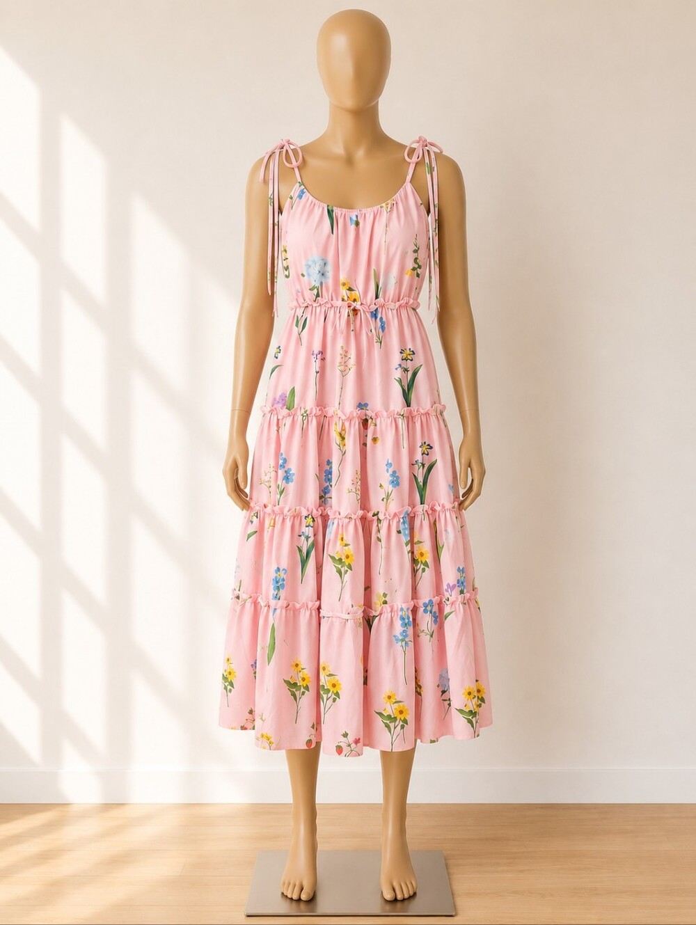 Pink Floral Tie-Shoulder Tiered Maxi Dress